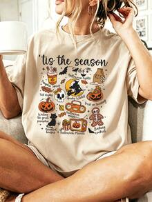 EMERY ROSE Halloween T-Shirts, Women's Halloween T-Shirts, Ghost Print T-Shirts - Apricot - View 1