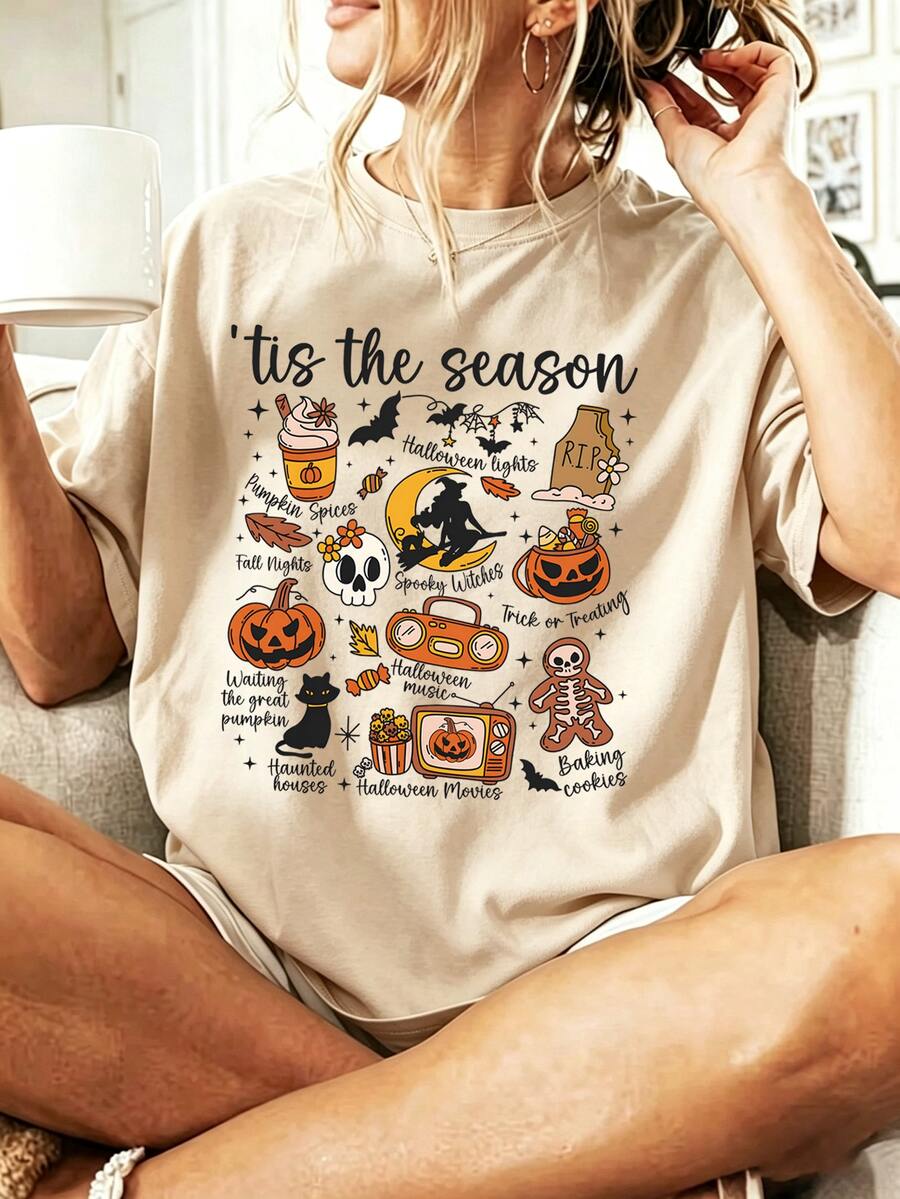 EMERY ROSE Halloween T-Shirts, Women's Halloween T-Shirts, Ghost Print T-Shirts - Apricot - View 1