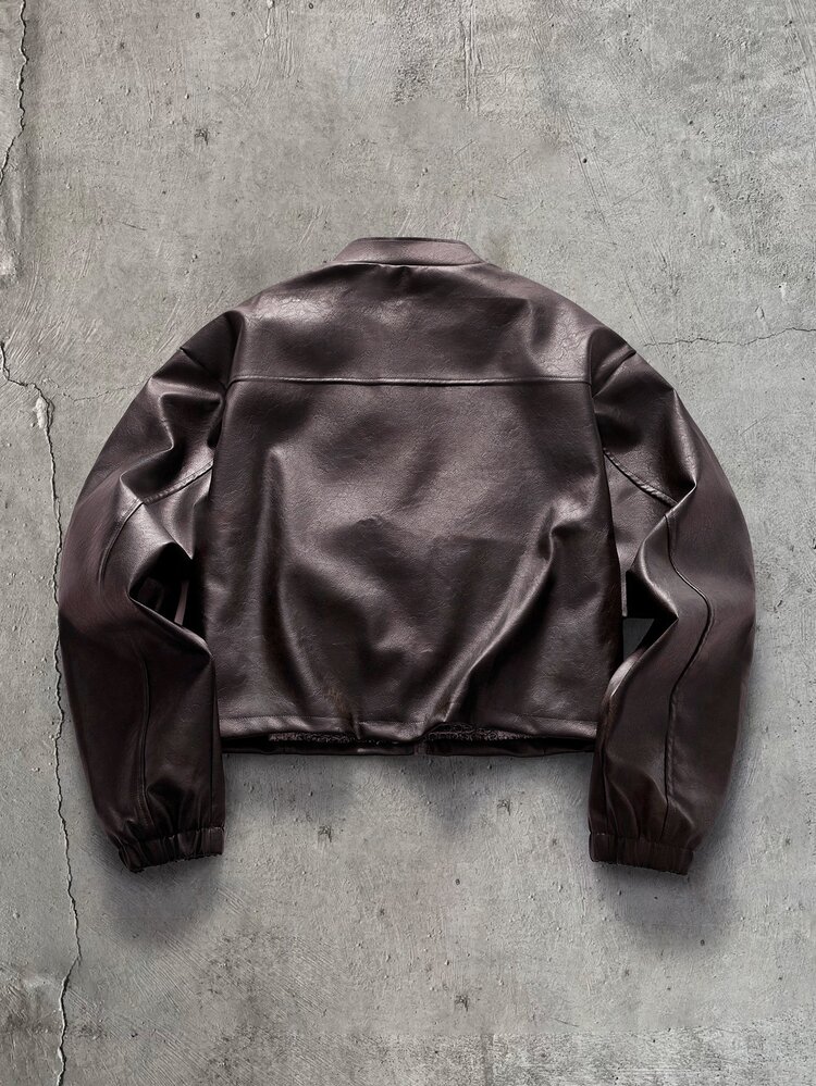 AXEPEAK Men's Fashion Zipper Brown Striped Colorblock Pocket PU Material Jacket Holiday Beach Autumn Streetwear Baggy - Brown - View 2