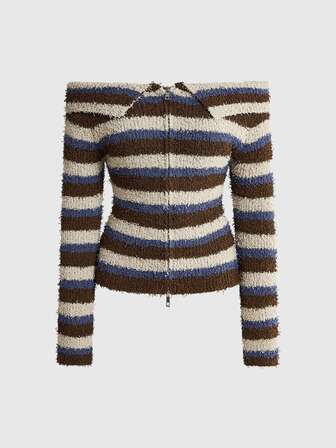Street Life Damen-Strickjacke mit Reißverschluss, Off-Shoulder und gestreift