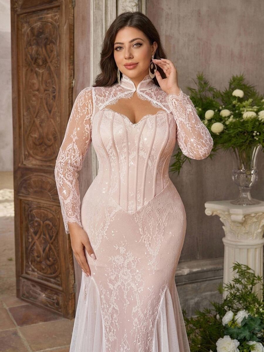 Glamrae Plus Size Elegant Formal Luxurious Glamorous Elastic Lace Floral Pattern Ruffle Sheer Sleeves Mermaid Tail Skirt Wedding Party Dinner Light Pink Fall - White - View 1