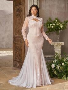 Glamrae Plus Size Elegant Formal Luxurious Glamorous Elastic Lace Floral Pattern Ruffle Sheer Sleeves Mermaid Tail Skirt Wedding Party Dinner Light Pink Fall - White - View 2