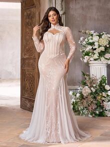 Glamrae Plus Size Elegant Formal Luxurious Glamorous Elastic Lace Floral Pattern Ruffle Sheer Sleeves Mermaid Tail Skirt Wedding Party Dinner Light Pink Fall - White - View 5