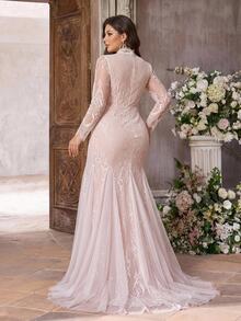 Glamrae Plus Size Elegant Formal Luxurious Glamorous Elastic Lace Floral Pattern Ruffle Sheer Sleeves Mermaid Tail Skirt Wedding Party Dinner Light Pink Fall - White - View 3
