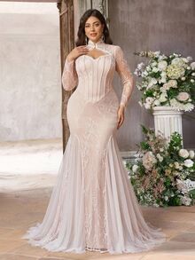 Glamrae Plus Size Elegant Formal Luxurious Glamorous Elastic Lace Floral Pattern Ruffle Sheer Sleeves Mermaid Tail Skirt Wedding Party Dinner Light Pink Fall - White - View 7