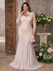Glamrae Plus Size Elegant Formal Luxurious Glamorous Elastic Lace Floral Pattern Ruffle Sheer Sleeves Mermaid Tail Skirt Wedding Party Dinner Light Pink Fall - White - View 6