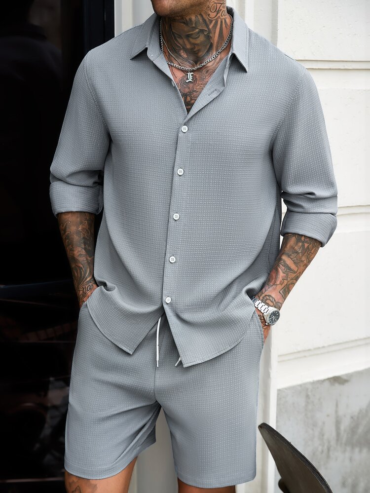 Manfinity CasualCool Men's 2-Piece Set: Waffle Texture Long Sleeve Shirt & Drawstring Shorts, Minimalist Relaxed Casual Business Commute Vacation Solid Color Outfit - Grey - View 7