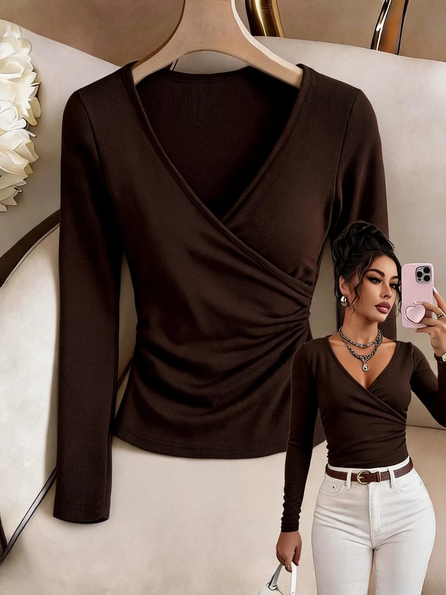 GlowEve Dark Brown Solid Color Wrap Deep V-Neck Long Sleeve Fitted Top, Side Ruched Design, Fashionable Casual Elegant Basic Layering T-Shirt, Fall Women's - Brown - View 1