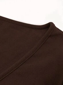 GlowEve Dark Brown Solid Color Wrap Deep V-Neck Long Sleeve Fitted Top, Side Ruched Design, Fashionable Casual Elegant Basic Layering T-Shirt, Fall Women's - Brown - View 6