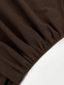 GlowEve Dark Brown Solid Color Wrap Deep V-Neck Long Sleeve Fitted Top, Side Ruched Design, Fashionable Casual Elegant Basic Layering T-Shirt, Fall Women's - Brown - View 3