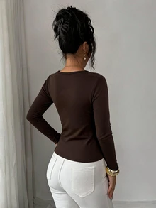 GlowEve Dark Brown Solid Color Wrap Deep V-Neck Long Sleeve Fitted Top, Side Ruched Design, Fashionable Casual Elegant Basic Layering T-Shirt, Fall Women's - Brown - View 2