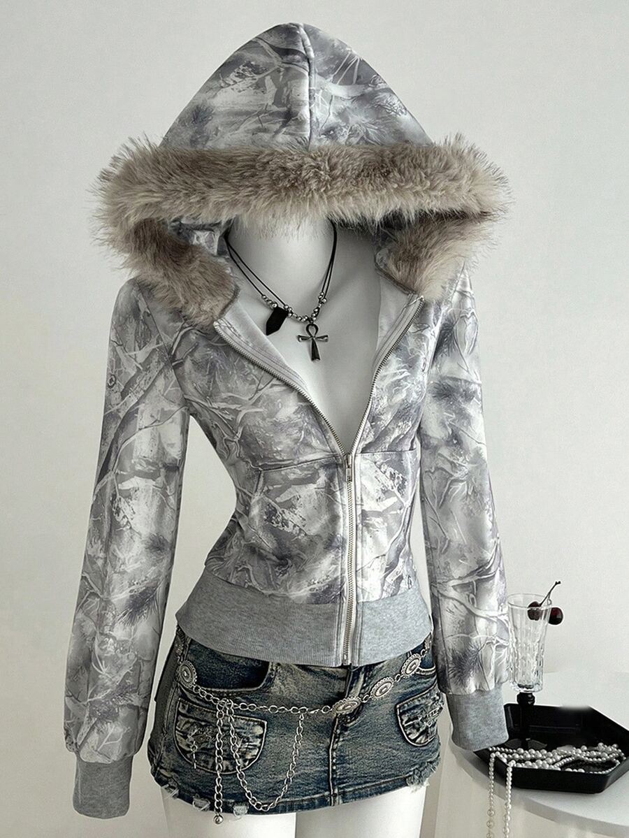 SHEIN Tween Girl Autumn/Winter Casual Street Ins Dark Camouflage Print Pattern Ribbed Collar Waist-Cinching Pocket Slim Fit Knit Jacket - Multicolor - View 1