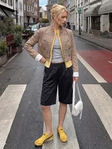 Struktiv 女款春夏時尚優雅拿破崙肩長袖夾克，適合約會、外出、購物、日常通勤 - 卡其色 - 查看 5
