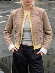 Struktiv 女款春夏時尚優雅拿破崙肩長袖夾克，適合約會、外出、購物、日常通勤 - 卡其色 - 查看 7