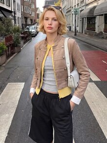 Struktiv 女款春夏時尚優雅拿破崙肩長袖夾克，適合約會、外出、購物、日常通勤 - 卡其色 - 查看 3