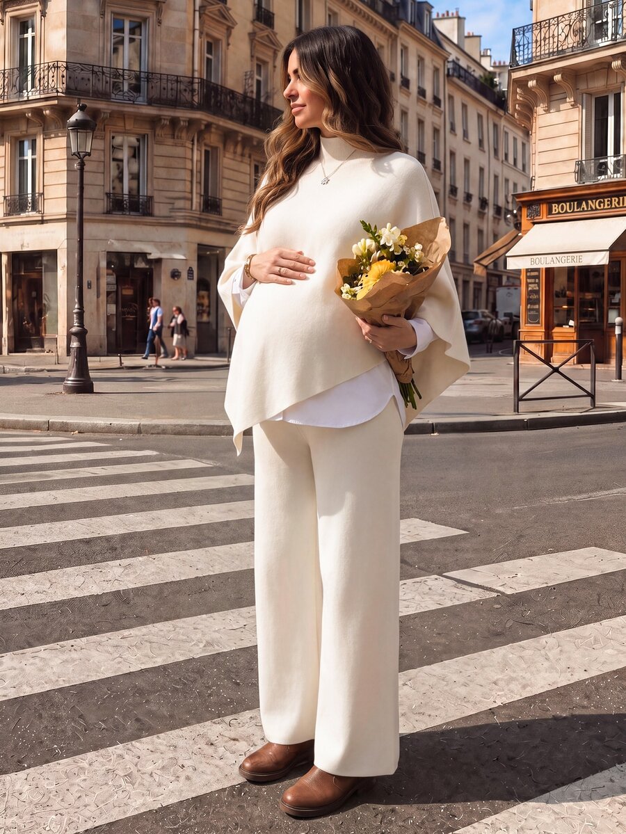 Momance Maternity Sweater Set Loose Fit Half-High Neck Cape Top & Elastic Waist Knitted Pants Solid Color Knit Set Casual Minimalist Versatile Sweater Set - Apricot - View 1