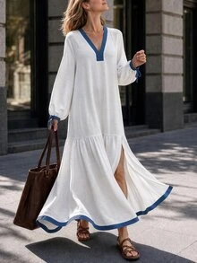 Louniche Relaxed Old Money Style Vacation Split Hem Dress - Blue and White - View 2