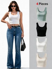 SHEIN Unity גופייה חלקה 4 חבילות - ריבוי צבעים - ראה 3