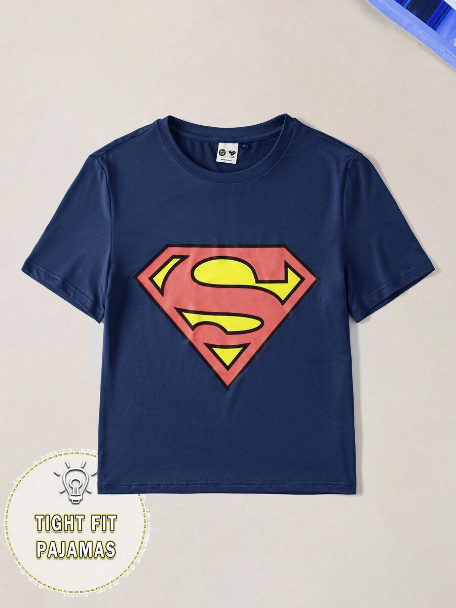 SUPERMAN X SHEIN Men's Diamond Pattern Casual Daily Short Sleeve T-Shirt - Navy Blue - View 1