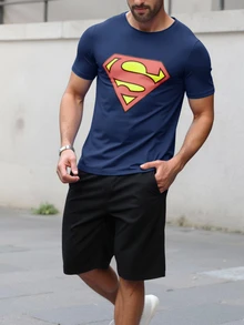 SUPERMAN X SHEIN Men's Diamond Pattern Casual Daily Short Sleeve T-Shirt - Navy Blue - View 4