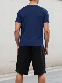 SUPERMAN X SHEIN Men's Diamond Pattern Casual Daily Short Sleeve T-Shirt - Navy Blue - View 3
