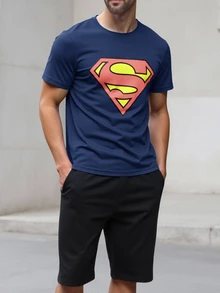 SUPERMAN X SHEIN Men's Diamond Pattern Casual Daily Short Sleeve T-Shirt - Navy Blue - View 5