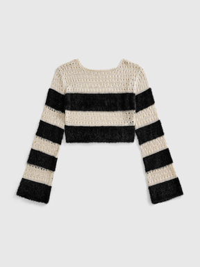 Goth Pull court en maille Y2K style Hot Girl, rayures, patchwork en peluche, taille ajourée, effet amincissant, manches longues, pour femme, automne-hiver