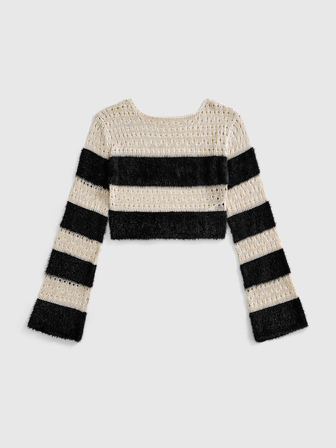 Goth Y2K Hot Girl Style gestreifter Plüsch-Patchwork-Crop-Strickpullover für Damen, Herbst/Winter, mit Cut-outs, tailliert, figurbetont, langärmlig