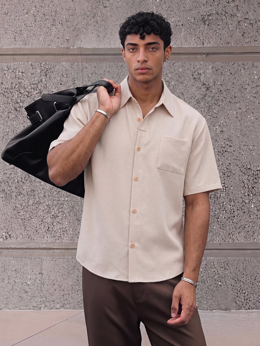 ESTAVOR Men's Casual Short Sleeve Button-Up Shirt, Solid Color, Fashion Minimalist, Old Money,Chic Style,Daily Wear,Summer&Autumn, - Apricot - View 1