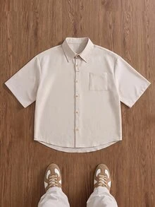 ESTAVOR Men's Casual Short Sleeve Button-Up Shirt, Solid Color, Fashion Minimalist, Old Money,Chic Style,Daily Wear,Summer&Autumn, - Apricot - View 2