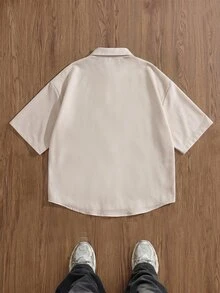 ESTAVOR Men's Casual Short Sleeve Button-Up Shirt, Solid Color, Fashion Minimalist, Old Money,Chic Style,Daily Wear,Summer&Autumn, - Apricot - View 3