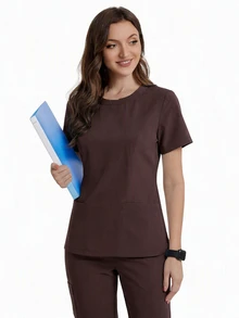 TaskEZ Brown Short Sleeve Dual Pocket Slim Fit Round Neck Convenient Minimalist Comfortable Scrub Uniform Top - Brown - View 4