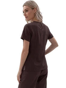 TaskEZ Brown Short Sleeve Dual Pocket Slim Fit Round Neck Convenient Minimalist Comfortable Scrub Uniform Top - Brown - View 2