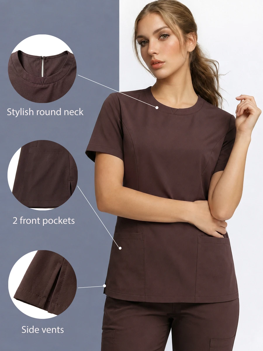 TaskEZ Brown Short Sleeve Dual Pocket Slim Fit Round Neck Convenient Minimalist Comfortable Scrub Uniform Top - Brown - View 1