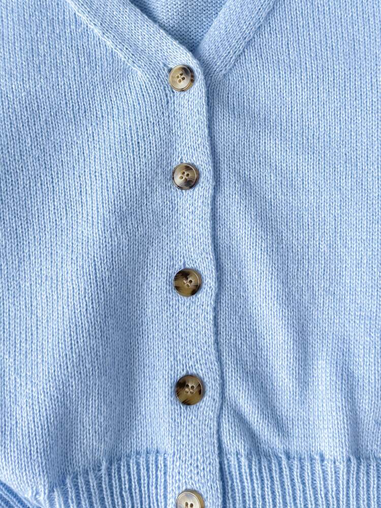 SHEIN Cardigan de punto de unicolor con cuello en V, moda casual de otoño/invierno para niña preadolescente - Azul - Añade 6