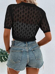 EMERY ROSE Women's Short Sleeve Hollow Out Cardigan - Black - View 2