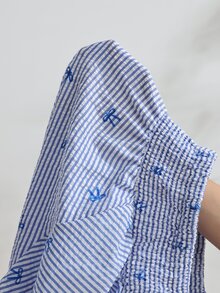 SHEIN 孕婦腰部抓褶條紋蝴蝶結圖案裙褲 - 藍色 - 查看 6
