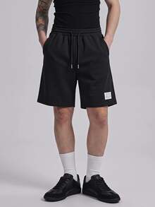 NORVETH Men Letter Patched Drawstring Waist Shorts, Couple Things - Black - View 1