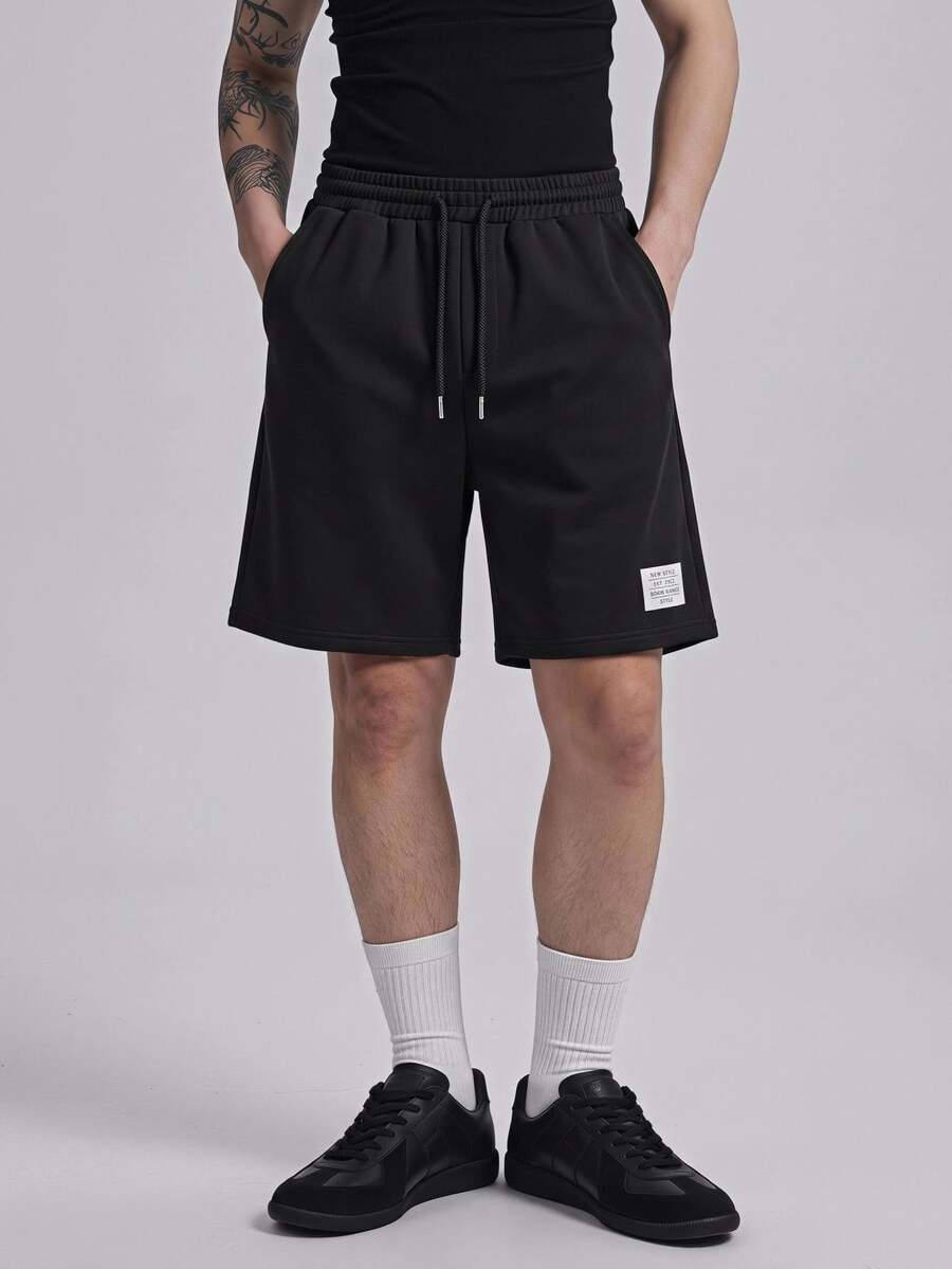 NORVETH Men Letter Patched Drawstring Waist Shorts, Couple Things - Black - View 1