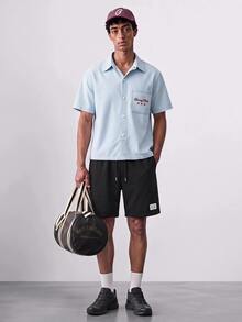 NORVETH Men Letter Patched Drawstring Waist Shorts, Couple Things - Black - View 2