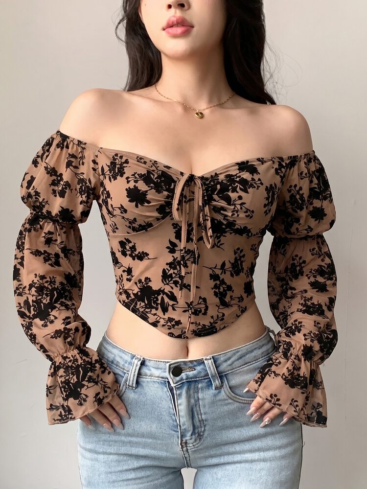 DAZY Autumn Floral Print Flocked Black Floral Shoulder Fitted Cropped Tie-Up Long Sleeve Women's T-Shirt For Wedding Date, Casual Seductive, Vacation - Brown - View 6