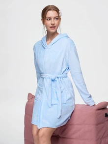 Bonmuse 1pc Women Solid Color Hooded Belted Plush Sleepwear Robe, Cozy And Warm For Autumn/Winter, Fall - Baby Blue - View 8