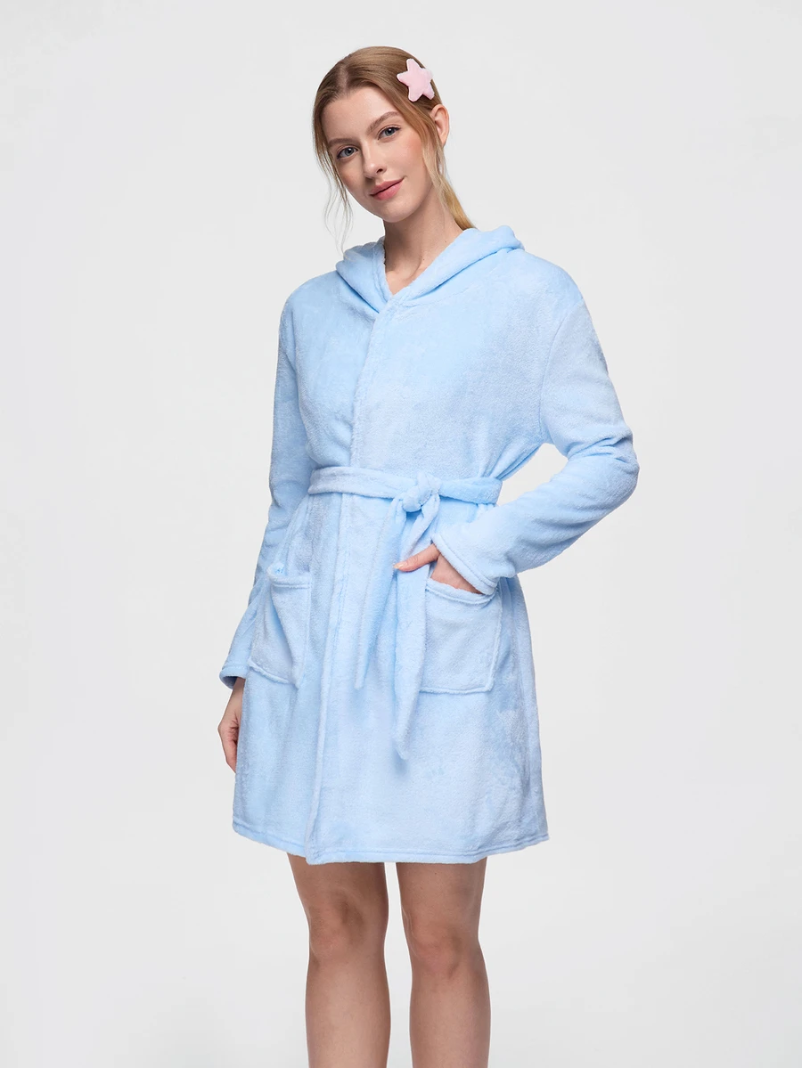 Bonmuse 1pc Women Solid Color Hooded Belted Plush Sleepwear Robe, Cozy And Warm For Autumn/Winter, Fall - Baby Blue - View 1