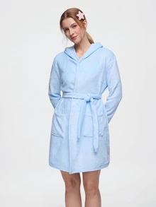 Bonmuse 1pc Women Solid Color Hooded Belted Plush Sleepwear Robe, Cozy And Warm For Autumn/Winter, Fall - Baby Blue - View 5