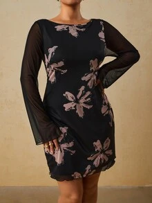 Travachic Plus Size Women's Elegant Party Floral Mesh Dress Fall - Black - View 8