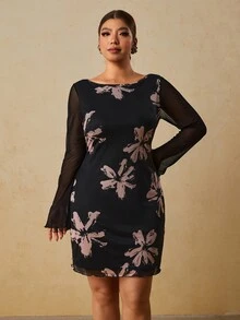 Travachic Plus Size Women's Elegant Party Floral Mesh Dress Fall - Black - View 3