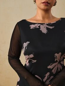 Travachic Plus Size Women's Elegant Party Floral Mesh Dress Fall - Black - View 4