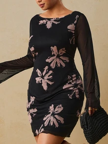 Travachic Plus Size Women's Elegant Party Floral Mesh Dress Fall - Black - View 1