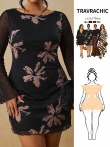 Travachic Plus Size Women's Elegant Party Floral Mesh Dress Fall - Black - View 10