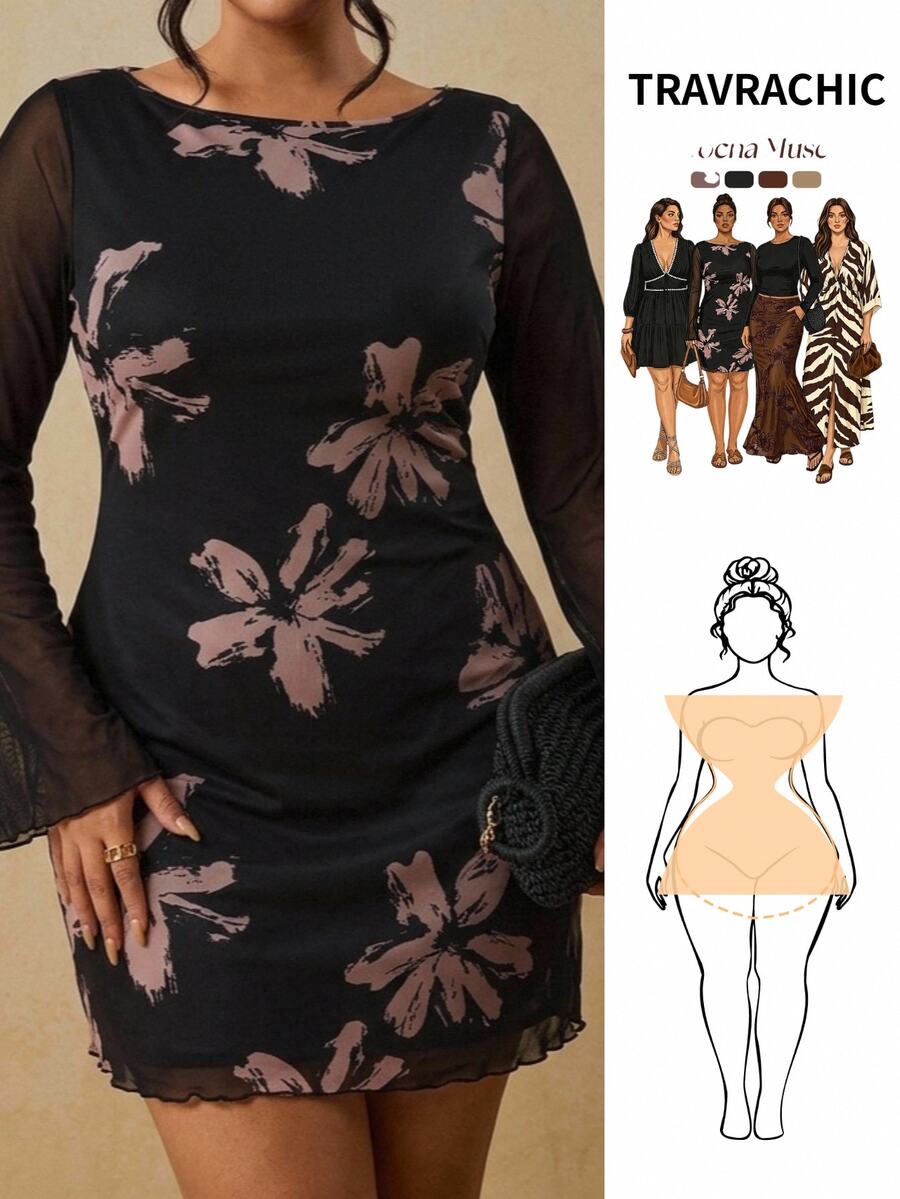 Travachic Plus Size Women's Elegant Party Floral Mesh Dress Fall - Black - View 1